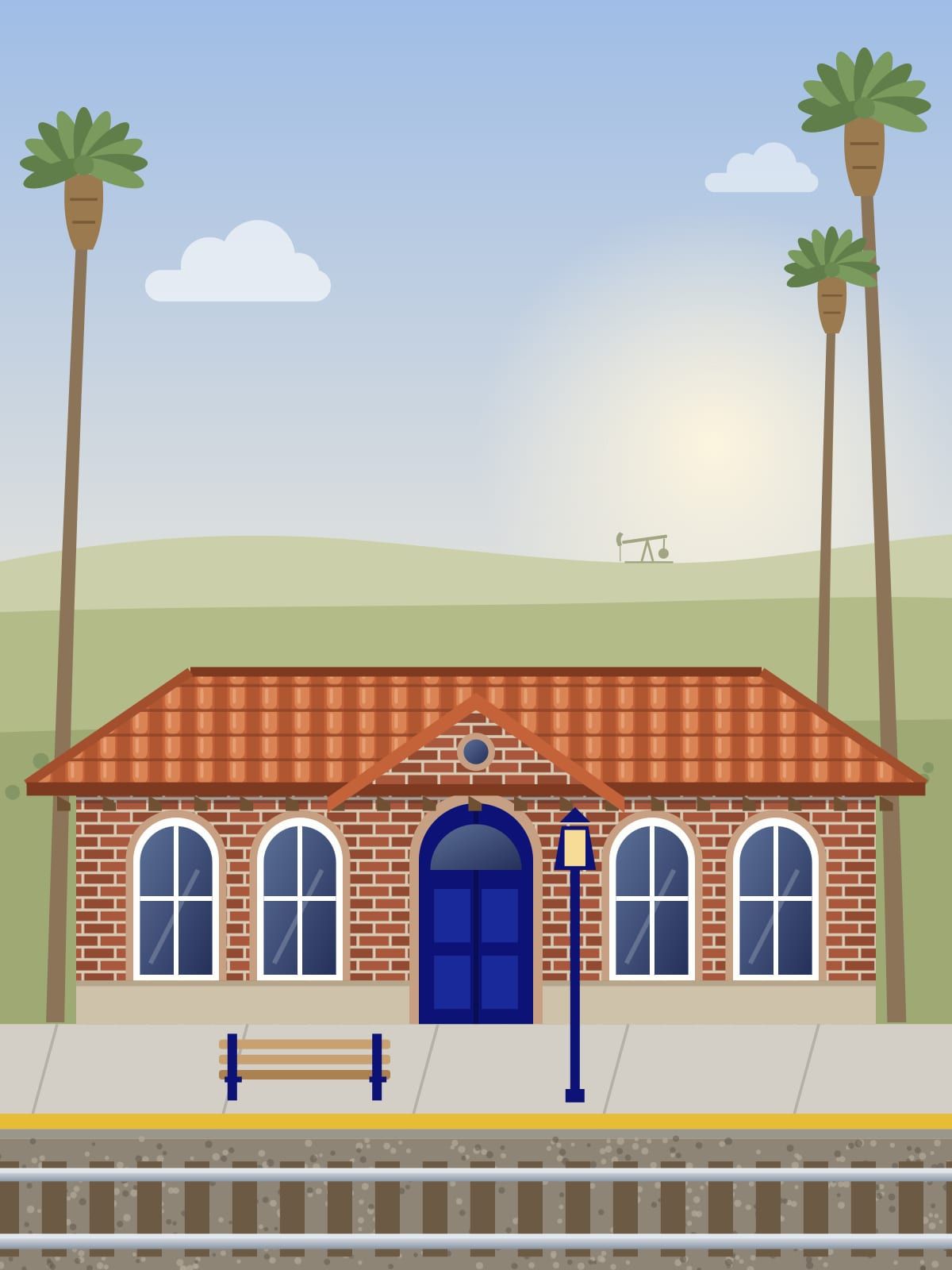 Illustration of an old brick train depot with a red tile roof and arched windows, palm trees, a bench and rails in front