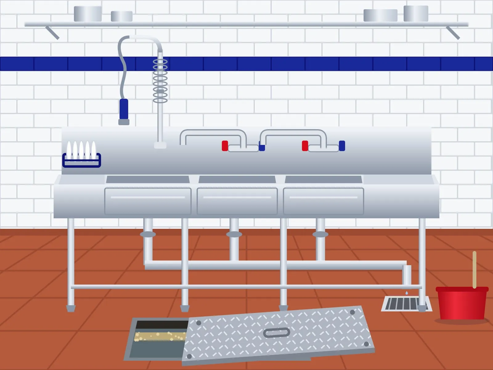 Illustration of a restaurant three compartment steel sink, a floor sink and a grease interceptor with its lid slid aside