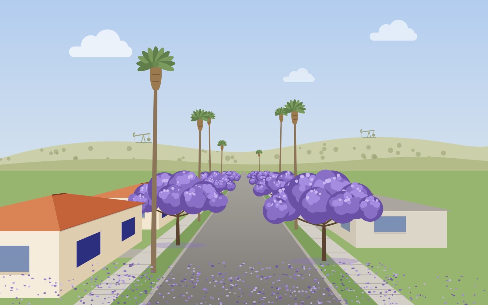 Illustration of a residential street lined with purple jacarandas and palms, houses on both sides and green hills beyond