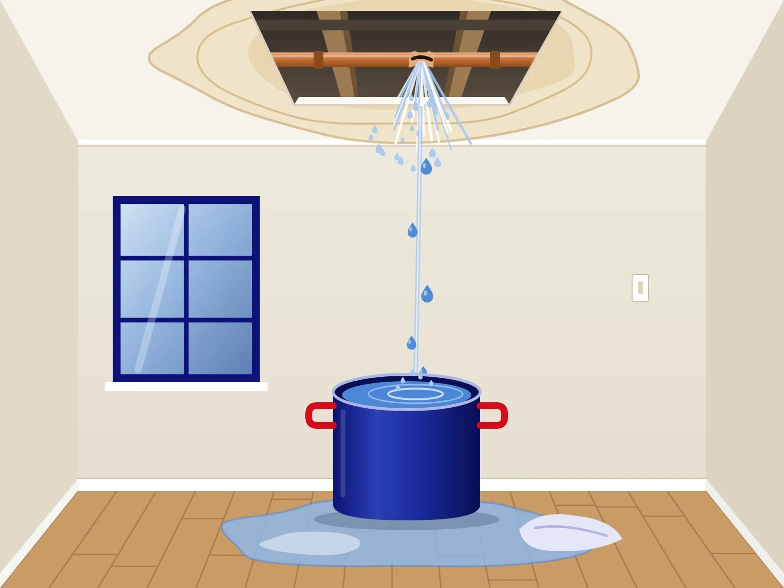 Illustration of a burst copper pipe spraying water through an opened ceiling into a navy pot on a wet wood floor