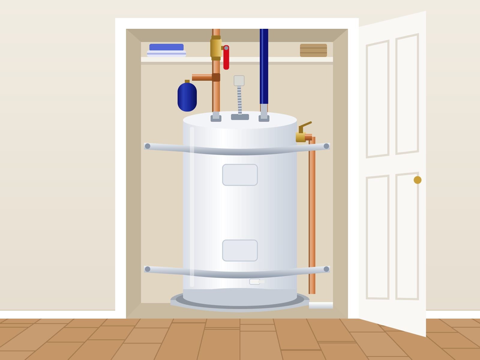 Illustration of a water heater in a hallway closet with two seismic straps, a drain pan, an expansion tank and a red valve