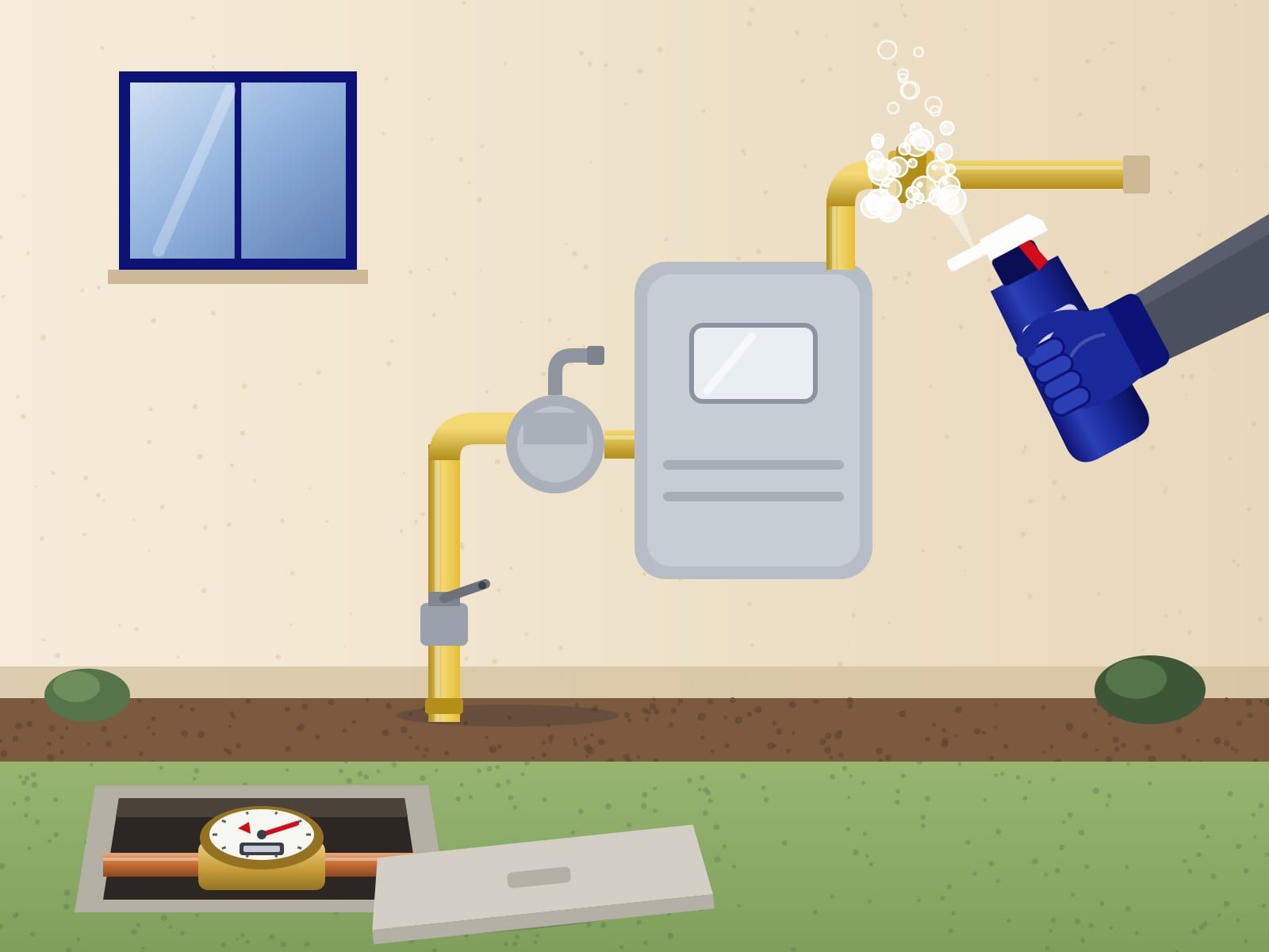Illustration of a gloved hand spraying leak solution on a bubbling gas line by a gas meter, an open water meter box below