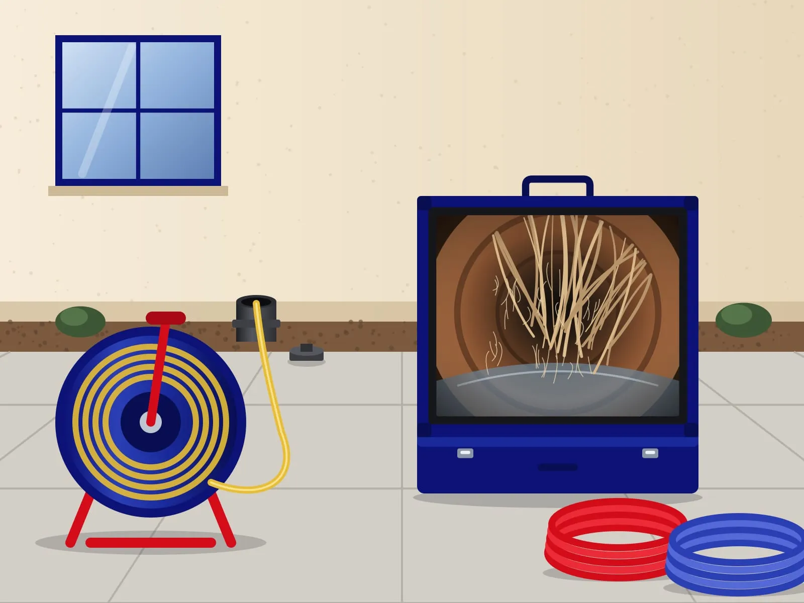 Illustration of a sewer camera monitor showing tree roots inside a pipe, a cable reel at a cleanout and coils of new pipe