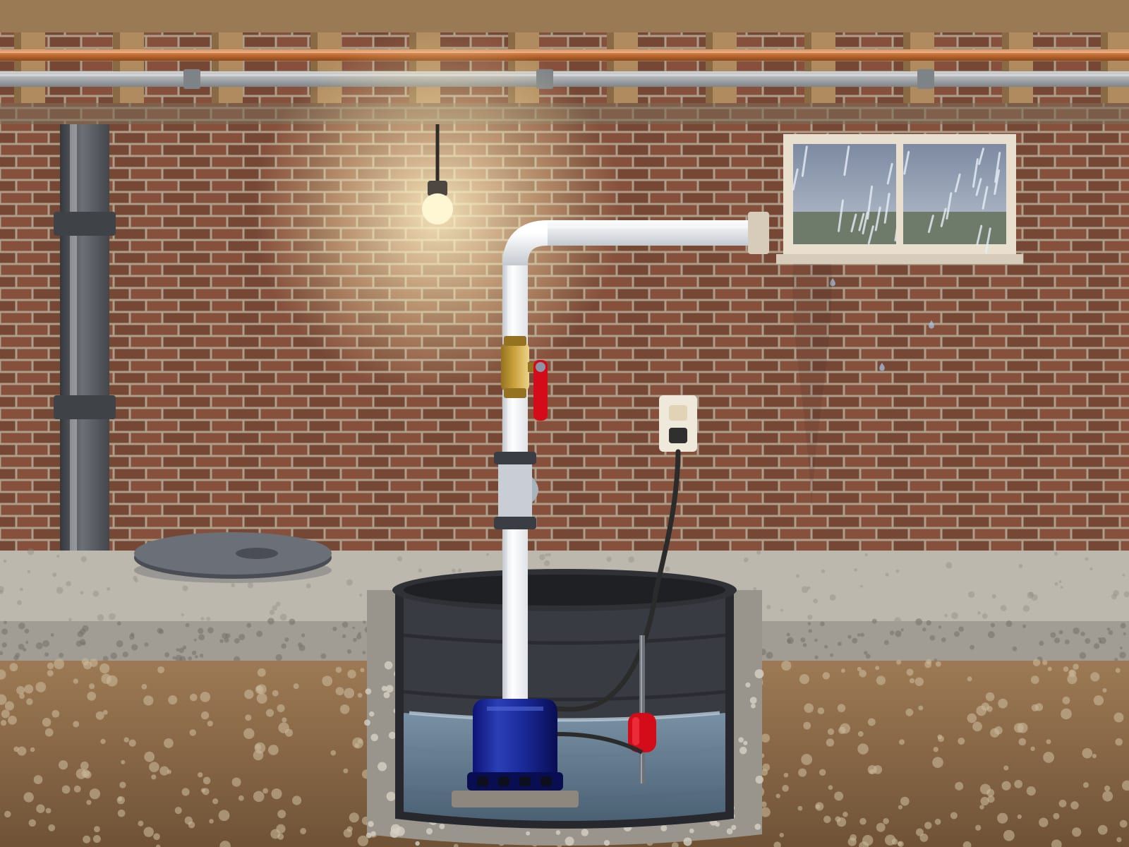 Illustration of a sump pump in a floor pit of a below-grade room, with a red float and a discharge pipe rising past a red lever valve