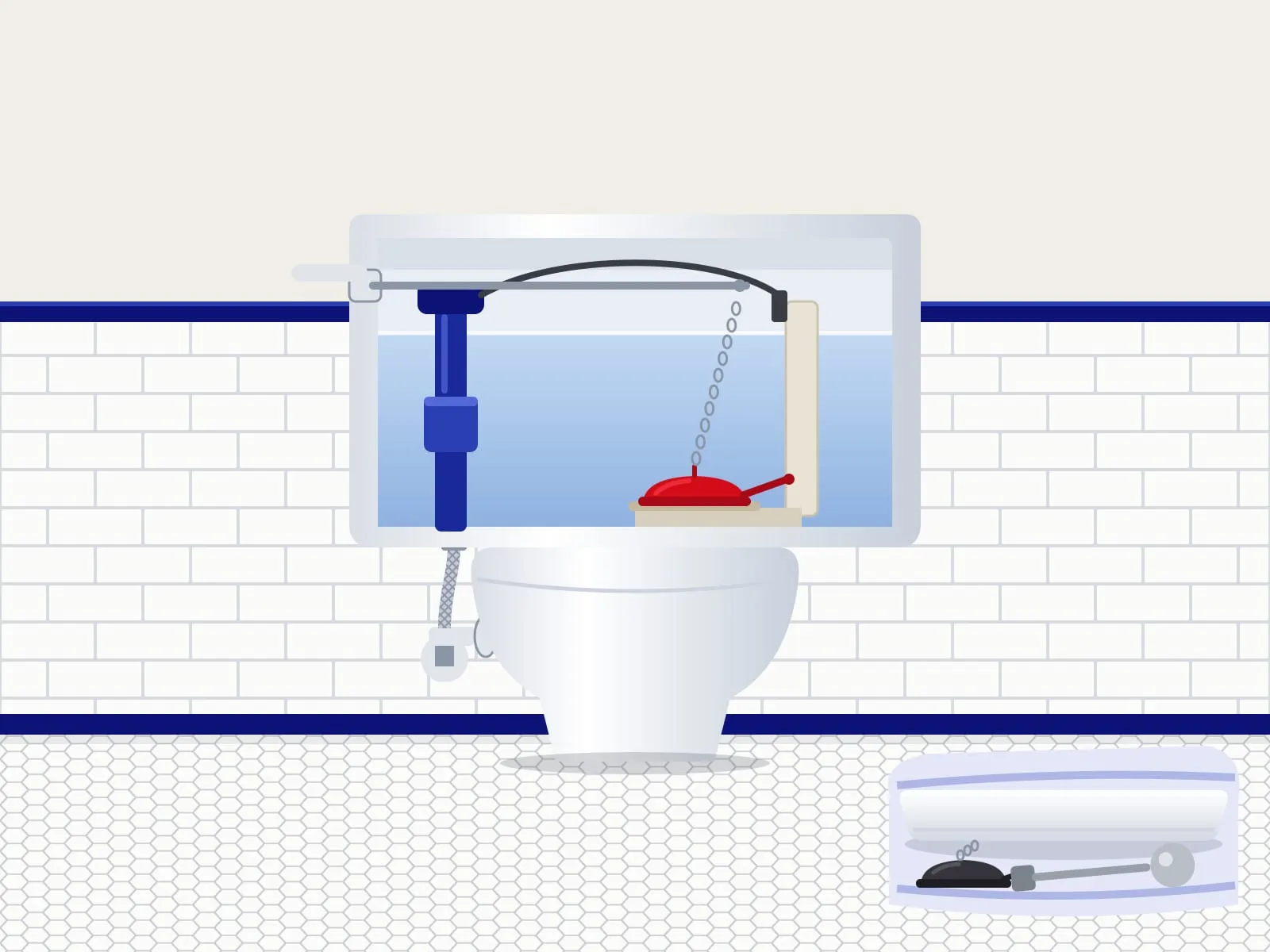 Illustration of an open toilet tank showing the fill valve and a new red flapper on its chain, with old parts on a towel