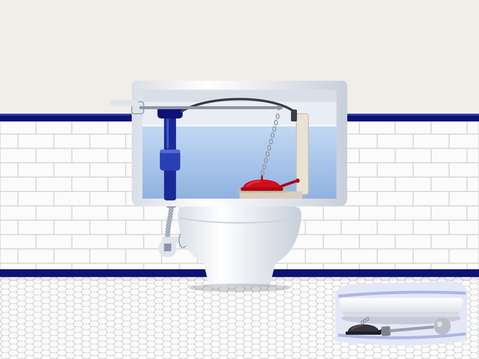 Illustration of an open toilet tank showing the fill valve and a new red flapper on its chain, with old parts on a towel